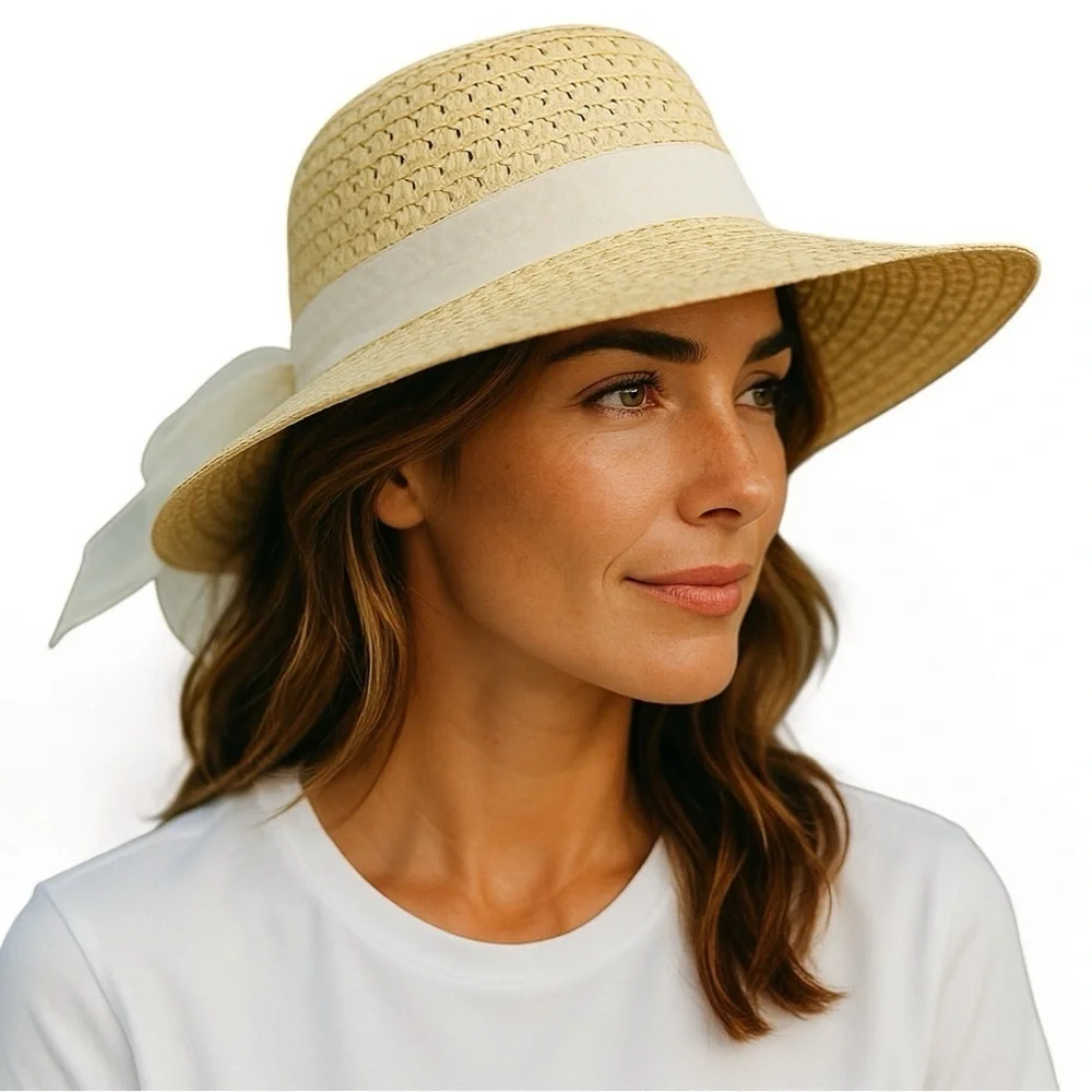 Straw Sun Garden Beach Hat Floppy Wide Brim White Ribbon Neutral Yellow Women OS - Picture 16 of 16